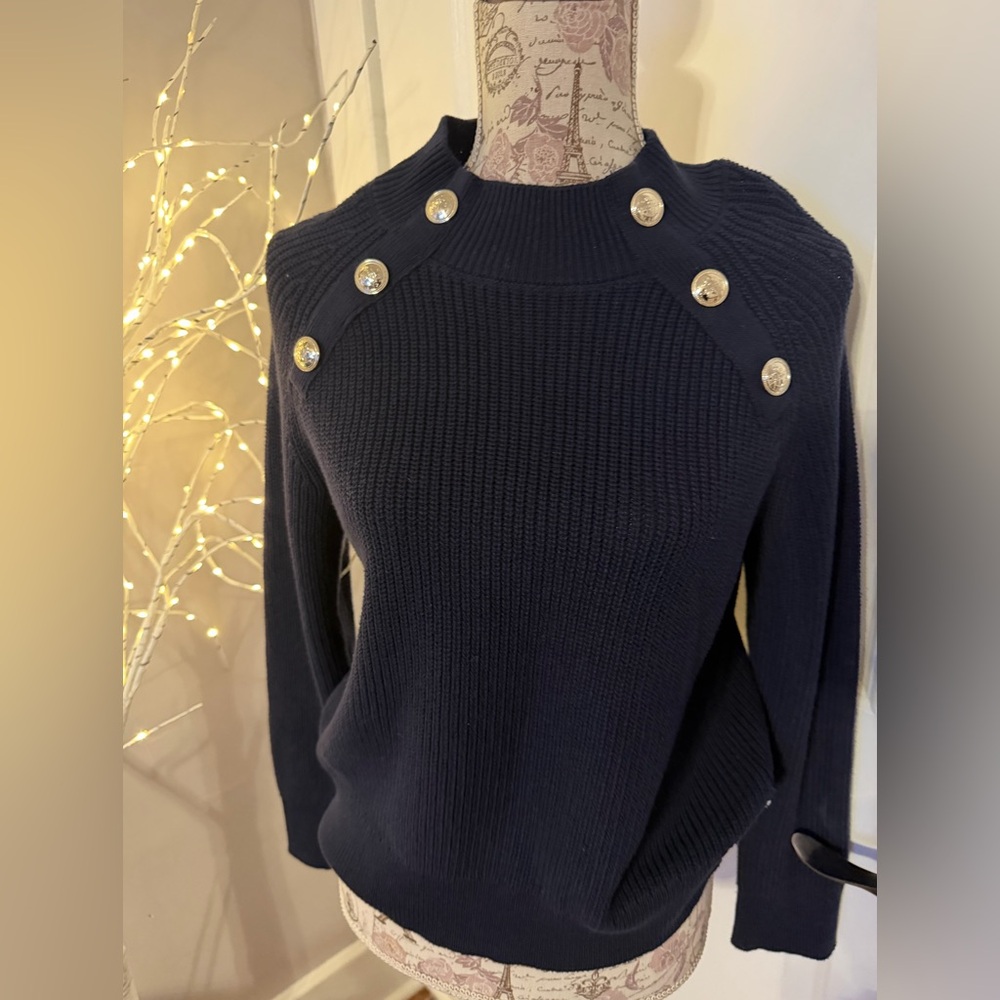 Nautica Midnight Blue Cowl Neck Sweater with Gold Buttons